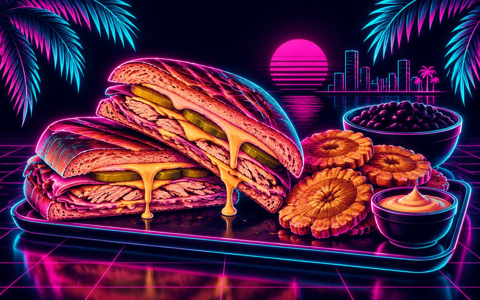 Neon poster style illustration of a pressed Cubano de Pollo with grilled chicken, smoked turkey, melted cheese and pickles, served with tostones, mojo dip and black beans against a synthwave Miami sunset